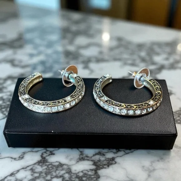 Elegant Black and Gold Tone Rhinestone Hoop Earrings. - Picture 5 of 8